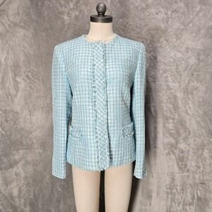 Kasper Womens Light Blue Tweed Blazer Jacket Sz 8 Collarless Button Front Preppy